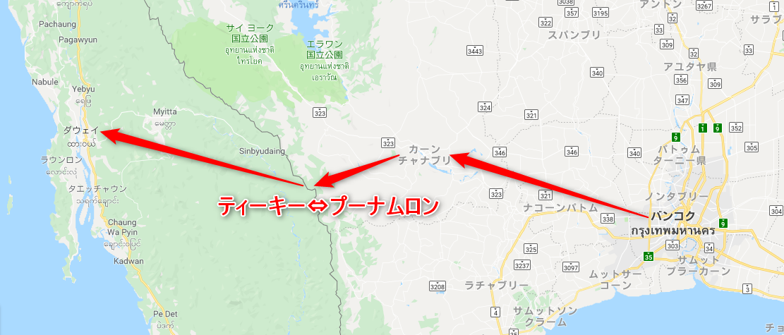 バンコク⇔カンチャナブリー⇔プーナムロン⇔ティーキー⇔ダウェイの移動地図